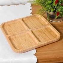 Bandeja Petisqueira De Bambu Quadrada Com 4 Divisórias 30cm