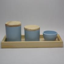 Bandeja Pinus Dupla Face com Kit Higiene para Bebe Porcelana 3 Peças Azul Candy e Tampa Pinus