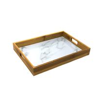 Bandeja plástica com efeito de mármore para servir retangular borda madeira decoração 35x25cm