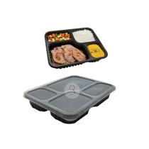Bandeja Preta 4 Divisória 1225ml PP Tampa Alimentos Kit 20UN