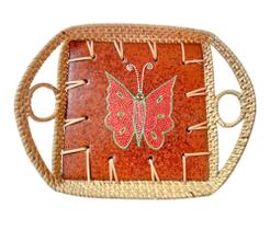 Bandeja rattan e ceramica borboleta pintada a mao indonesia