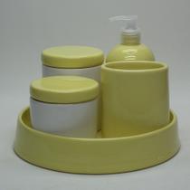 Bandeja Redonda Amarelo C. com Kit Higiene Bebe ou Lavabo 4 Peças Porcelana Amarelo Candy