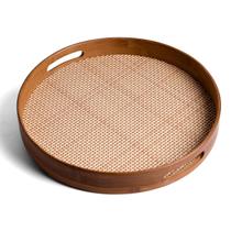 Bandeja redonda de bambu 35cm com alça palha xadrez multiuso - Oikos