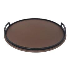 Bandeja redonda de metal e recouro marrom g