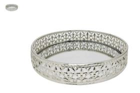 Bandeja Redonda de Metal Prata com Espelho