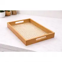 Bandeja Retangular Bambu Palha 33cm para Servir e Decorar em Acrílico e Plástico Bege Fratelli