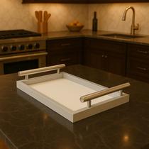 Bandeja Retangular Café da Manhã com Alça Inox 25x46cm Champanhe/Branco Bandeja Retangular Café da Manhã com Alça Inox 25x46cm Champanhe/Branco