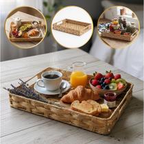 Bandeja Retangular Decorativa com Alça 38x28cm Cesto Organizador Estilo Rattan para Servir Café, Petiscos e Decoração