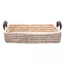 Bandeja Retangular Decorativa de Fibra Natural e Alça em Couro Braid Lyor