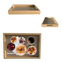 Bandeja Retangular Madeira Com Fundo Treliça e Acrílico 32cm