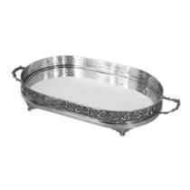 Bandeja Retangular Metal Prata c alças e Pezinhos Luxo