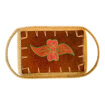 Bandeja retangular oval floral rattan e ceramica artesanal