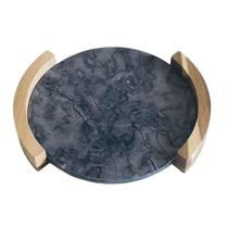 Bandeja Tábua Redonda de Pedra Mármore com Alça Madeira Preta Natural P 33cm BTC