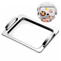 Bandeja Travessa Rasa Retangular Com Alças Delhi Em Aço Inox 38x28cm Mimo Style