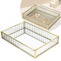 Bandeja Vidro Metal Dourado Porta Objetos Maquiagem 20x15cm Bandeja Vidro Metal Dourado Porta Objetos Maquiagem 20x15cm