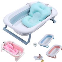 Banheira Bebê Dobrável Rígida Infantil Confortável Segura Azul e Rosa Com Termômetro Portátil Com Almofada De Banho