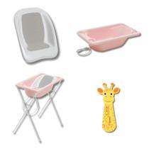 Banheira bebe plastica acqua trio rosa pastel + termometro girafinha buba - galzerano