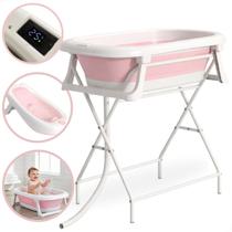 Banheira Infantil Bebê Dobrável 2 Em 1 Suporte Retrátil Segura Rosa Lisa