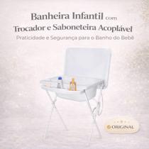 Banheira Infantil com Trocador Suporte Dobrável e Saboneteira Acoplável até 20kg com Mangueira
