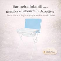Banheira Infantil com Trocador Suporte Dobrável e Saboneteira Acoplável até 20kg com Mangueira