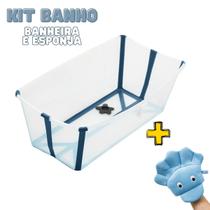 Banheira Portatil Dobravel Compacta Viagem - Azul Clingo e Esponja Infantil Para Banho Bebê
