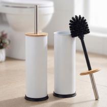 Banheiro Sofisticado Kit 2pçs Escovas de Banheiro Com Suporte Vintage White Mimo Style Inox e Bambu