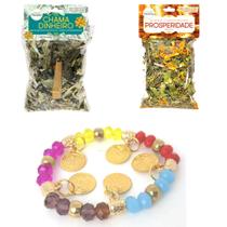 Banho Chama Dinheiro Prosperidade Pulseira Proteção Amor Umbanda Ervas Lar Abrir Caminhos Atrair Kit