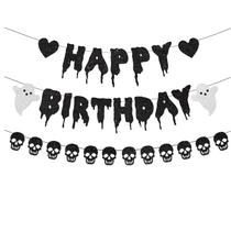 Banner de aniversário de Halloween FHGG Black Glitter Heart Skull