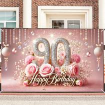 Banner de aniversário Nuxovilar 90th Elegant Rosa e Dourado Floral Banner de aniversário Nuxovilar 90th Elegant Rosa e Dourado Floral