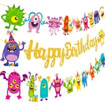 Banner de aniversário umoni Monster Bash com glitter Feliz aniversário
