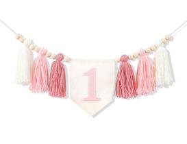 Banner de cadeira alta, 1º aniversário, tema rosa, borla, menina