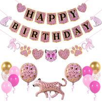 Banner de feliz aniversário PIRESE Pink Cheetah com decorações de festa Banner de feliz aniversário PIRESE Pink Cheetah com decorações de festa
