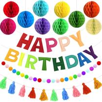 Banner de feliz aniversário reutilizável, guirlanda de aniversário de feltro, decoração de festa com pompom, borlas de pelúcia, com 10 peças de bolas de favo de mel, decorações de festa pré-amarradas em arco-íris