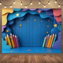 Banner De Festa Céu Estrelado Colorido Com Lápis, Decoração Artística E Divertida Para Sala De Aula