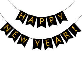 Banner de festa FECEDY Feliz Ano Novo preto com alfabeto dourado