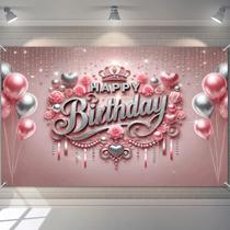 Banner de fundo de festa HOMETITUTE Feliz Aniversário Rosa/Prata Banner de fundo de festa HOMETITUTE Feliz Aniversário Rosa/Prata