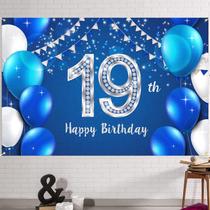 Banner de pano de fundo de aniversário HAMIGAR 19th Happy 6 x 4 pés azul prateado