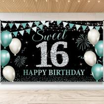 Banner de pano de fundo de aniversário PHXEY Sweet 16 Teal Silver 185x110cm