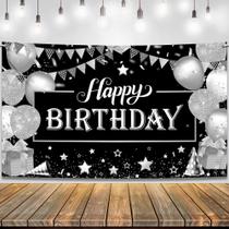 Banner de pano de fundo KatChon Happy Birthday preto/prata 183x112cm
