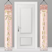 Banner de porta com decorações de aniversário 75 para mulheres rosa, ouro rosa