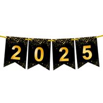 Banner Feliz Ano Novo 2025 KatChon - 8 Pés - Preto e Dourado com Glitter