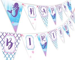 Banner Mermaid Feliz Aniversário no Fundo do Mar com fita