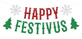 Banner NARLOPI Happy Festivus Vermelho e Verde com Glitter