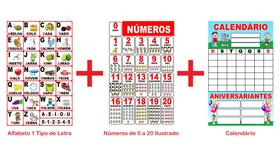 Banner Pedagógico Kit 3 und - Alfabeto 1 Tipo Letra + Números 0 a 20 + Calendário - 50x80cm