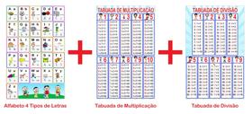 Banner Pedagógico Kit 3 und - Alfabeto 4 T.Letras + Tabuada Multiplicação + Tabuada Divisão -50x80cm