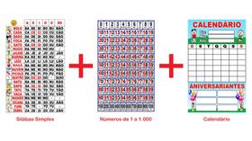 Banner Pedagógico Kit 3 und - Silabário Sílabas Simples + Números 0 a 1.000 + Calendário - 50x80cm