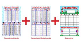 Banner Pedagógico Kit 3 und - Tabuada Divisão + Tabuada Multiplicação + Calendário - 50x80cm