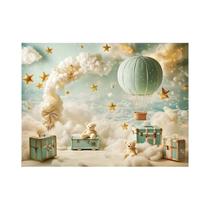 Banner plano de fundo de céu maluco 2D com balão de ar quente, ursinho de pelúcia e mala