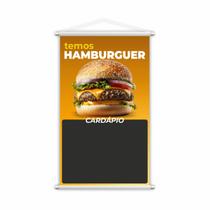 Banner Temos Hambúrguer Lanche Cardápio Fundo Preto 80x50cm Banner Temos Hambúrguer Lanche Cardápio Fundo Preto 80x50cm