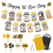 Banners fotográficos RANERVZ Glitter Black Gold Bumble Bee 1º aniversário